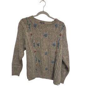 Vintage Designers Floral Embroidered Cable Knit Sweater XL 90s Cottagecore